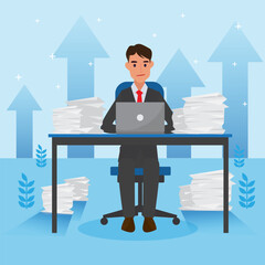 Happy young big isolated corporate man done his job as vison & mission and celebrating, leadership success and career progress concept, flat vector illustration, handsome business man.