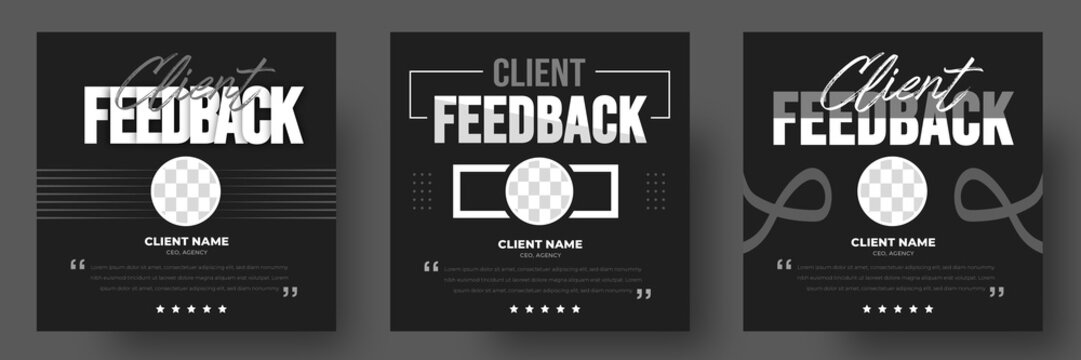 Customer feedback, Customer testimonial, client review, client Testimonials social media post banner design template with black and dark color. black, dark and white color client review banner.