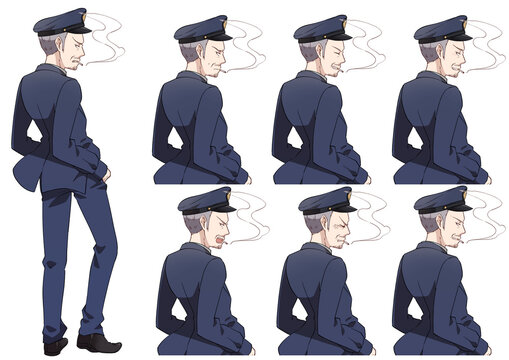煙草を吸っている警察官のおじさんの立ち絵、表情セット
