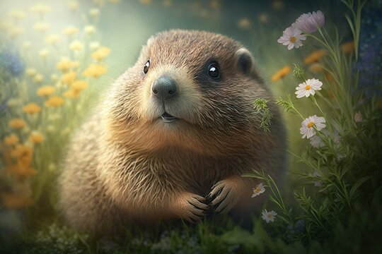 Happy and funny Groundhog at spring. Generative AI