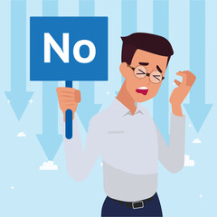 Sad young big isolated corporate man worried about failure & decreasing business, leadership success and career progress concept, flat vector illustration, business man.