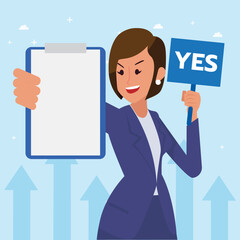Happy young big isolated corporate woman done her job as vison & mission and celebrating, leadership success and career progress concept, flat vector illustration, handsome business girl.