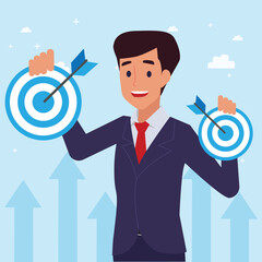 Happy young big isolated corporate man done his job as vison & mission and celebrating, leadership success and career progress concept, flat vector illustration, handsome business man.