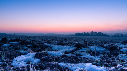 Ground frost: Snow on earth from ground frost with a colorful sunrise in the backgound - obrazy, fototapety, plakaty