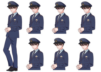 警察官の制服を着たかっこいい男性の立ち絵、表情セット

