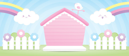 cute kawaii pink house shape backdrop display stage with happy cloud and bird 3d illustration vector for putting baby product or kid object