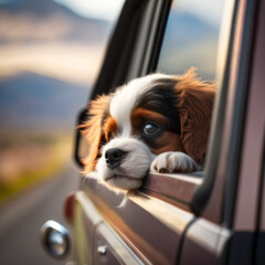 Sad puppy hanging out car window