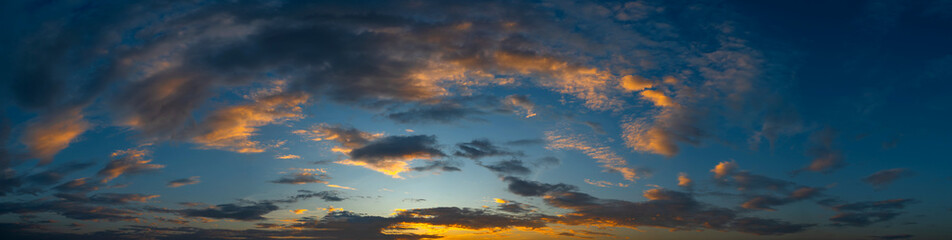 panorama vivid sky.Panorama of a twilight sunset and colorful clouds - sunlight with dramatic cloud.