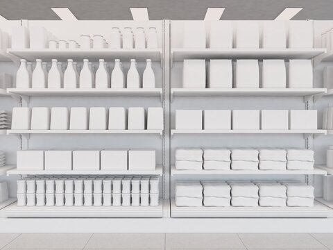 Front view of a white supermarket shelf with products in the form of bottles, boxes and packaging. Trade concept. Close up. 3d rendering illustration