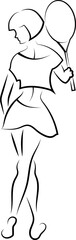 The girl walks and holds a tennis racket in her hand. She plays tennis. A girl of athletic build leads a healthy lifestyle. Black outline, scheme, logo.