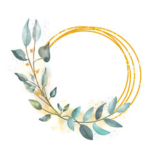 Leaf wreath / frame watercolor with gold geometric shape, for wedding stationary, greetings, wallpapers, fashion, background, card, presentation, etc.