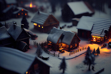 Tilt-shift photography of rural night scene in snow