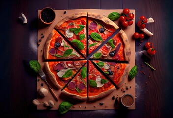 Pizza slices on the wooden cutting board, Generative Ai