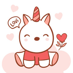 Big isolated hand drawn cartoon vector character design unicorn in love, doodle style Valentine concept animal flat vector illustration