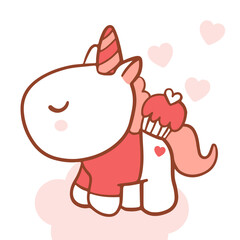 Big isolated hand drawn cartoon vector character design unicorn in love, doodle style Valentine concept animal flat vector illustration