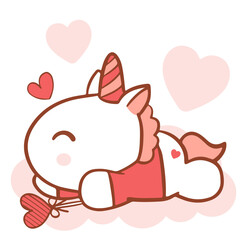 Big isolated hand drawn cartoon vector character design unicorn in love, doodle style Valentine concept animal flat vector illustration