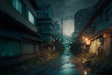 Fototapeta na wymiar Abandoned Tokyo City in the future. Empty roads and a dystopian atmosphere in a post-apocalyptic Japan - Generative AI