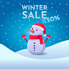 Colorful winter sale banner or poster with snowman and snow for shopping promotion. Vector illustration. Suitable for mobile apps, web Internet ads
