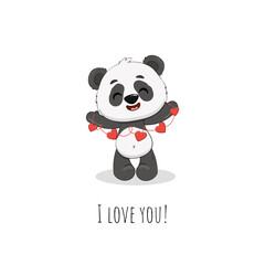 Cute cartoon panda with a hearts on white background.I love you valentine's day card. Vector illustration