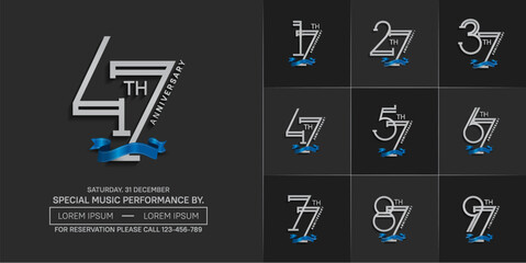 set of anniversary silver color with blue ribbon for special celebration event