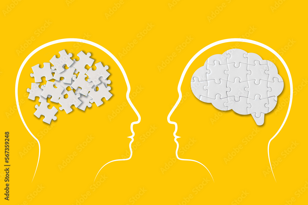 Poster different thinking, rational and irrational thinking concept. mental health and problems with memory