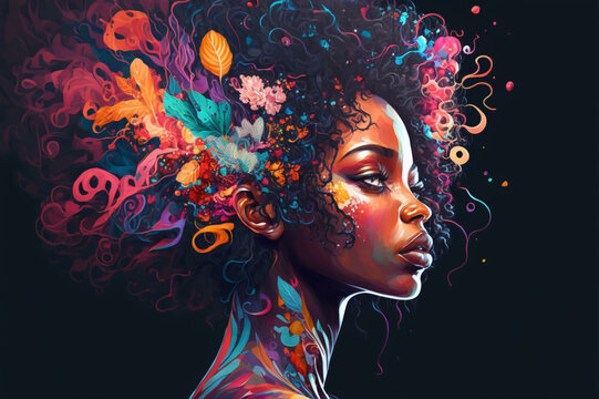Black woman with beautiful afro dotted with flowers and colorful lights  - Digital Art, unique illustration concept | Generative AI	