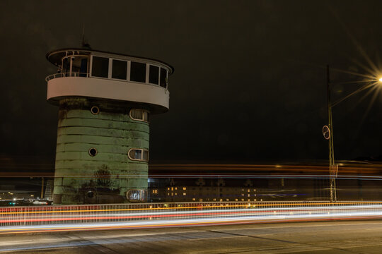 Copenhagen, Denmark, The Landmark Knippels Bridge And Control Tower At Night With Traffic.