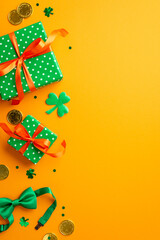 St Patrick's Day concept. Top view vertical photo of green present boxes with orange ribbon bows trefoils clover shaped confetti bow tie and gold coins on isolated yellow background with empty space