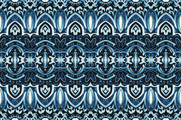 Ethnic Blue Flame Caftan Pattern.  Design for carpet, tile, wallpaper,clothing,wrapping,batik,fabric.  Illustration embroidery style.