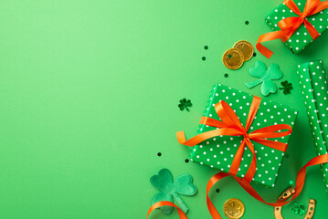 Saint Patrick's Day concept. Top view photo of green gift boxes with orange ribbon bows wrapping paper roll gold coins trefoils horseshoe and confetti on isolated green background with empty space