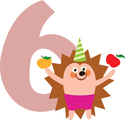 Cute hedgehog with six number. Kid birthday decoration