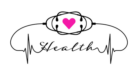 Continous draw stethoscope with health text, heart, ekg line design on white background. Healthcare symbol to use in health industry, cardiology, medical care, hospital, health science projects.