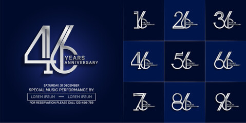 set of anniversary glossy silver color with blue background for special celebration event