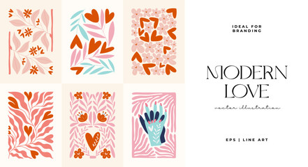 Modern Valentine's day vertical flyer or poster template. Love hand drawn trendy illustration.