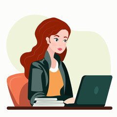 Home from work concept. Young woman working in home, sitting with laptop. Student or freelancer.