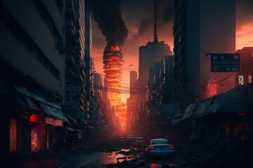 Fototapeta na wymiar Abandoned Tokyo City in the future. Empty roads and a dystopian atmosphere in a post-apocalyptic Japan - Generative AI
