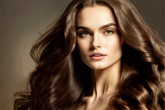 woman beautiful dark brown hair, hair dye, colorimetry, hair coloring, skin care, cosmetics, beauty treatments, long shiny hair, thumbnail, shampoo, generative ai