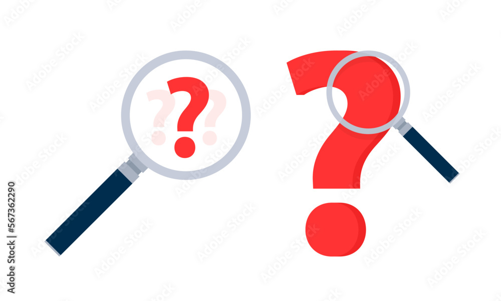 Poster searching solutions and asking for help. question mark in a magnifying glass.