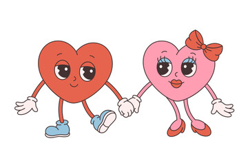 Trendy retro cartoon heart characters. Groovy style, vintage, 70s 60s aesthetics. Happy Valentines day. Vector illustration