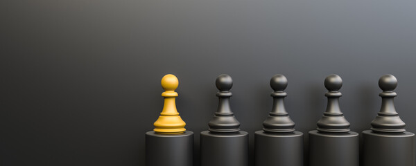 Leadership concept, yellow pawn of chess, standing out from the crowd of black pawns. 3D Rendering