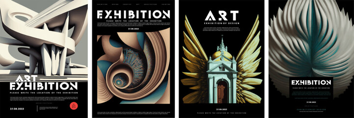 Posters for an exhibition of contemporary art, design, architecture and sculpture. Vector abstract illustrations of shapes and compositions for background, cover or flyer - obrazy, fototapety, plakaty