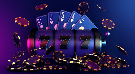 casino slot machine set card chips banner 3d render 3d rendering illustration 