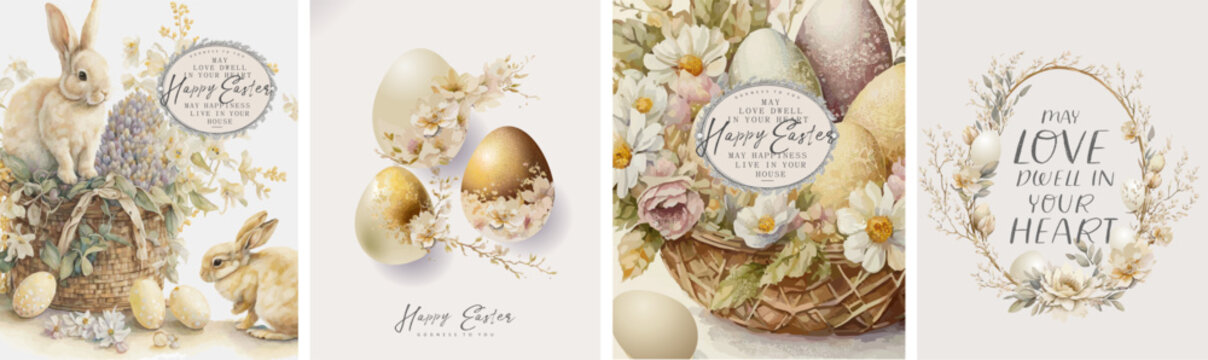 Happy easter! Vector cute classic illustrations of easter eggs in a basket of flowers, bunnies and a festive frame with greeting text for a greeting card, poster or background