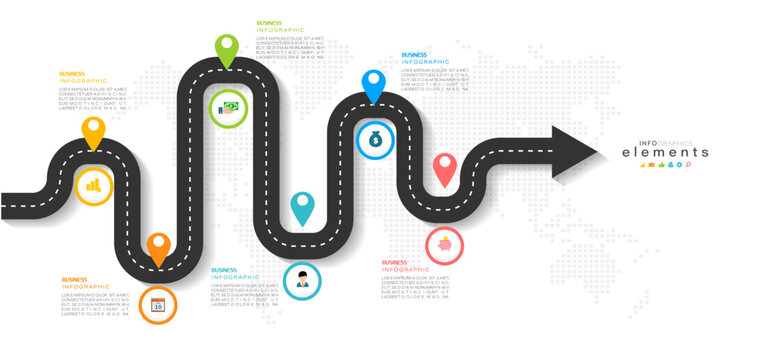 Navigation map infographic 6 steps timeline concept. Winding road. Vector illustration.
