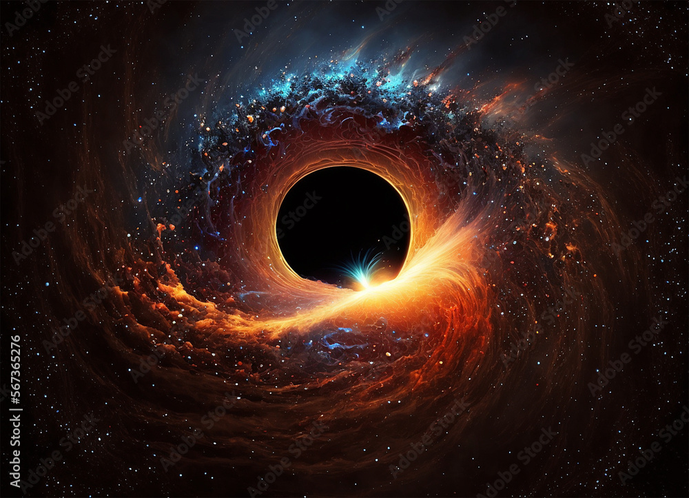 Wall mural a black hole with a glowing constellation of various colors revolves around a black hole in the univ
