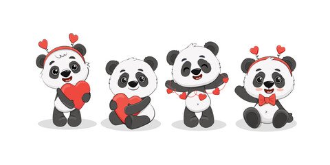 Set of cute cartoon pandas isolated on white.Panda with heart for your design Valentine's Day, birthday, Mother's Day, wedding.Vector illustration