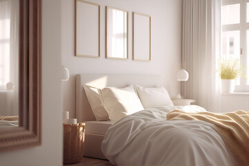 Cozy Home Interior - Frame in Bedroom with Light Pastel Colors 4. Generative AI.