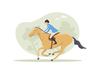 Horseback rider in nature, walk in summer. Flat vector illustration