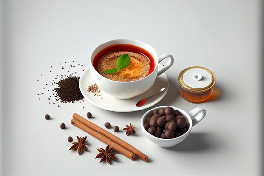 Coffee drinks, delicous espresso and cappuccino poured into coffee cup, coffee beans and other ingredients, AI