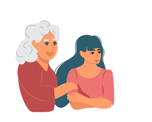 Old woman hugging young, grandmother and granddaughter, vector illustration